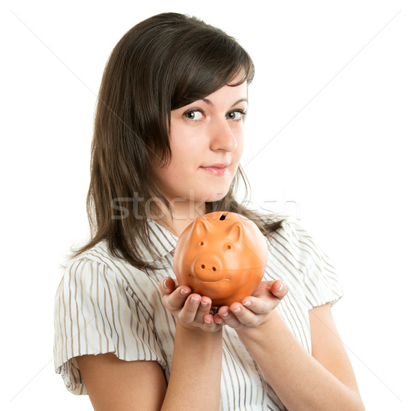 Business woman holding piggy bank Stock photo © leventegyori