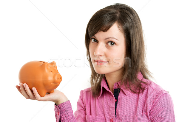 Stockfoto: Vrouw · spaarvarken · geïsoleerd · business · gelukkig · achtergrond