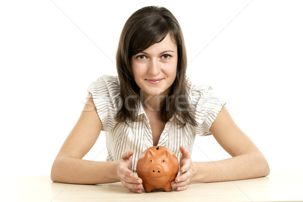 Foto stock: Piggy · bank · sorrindo · negócio · menina · sorrir · mulheres