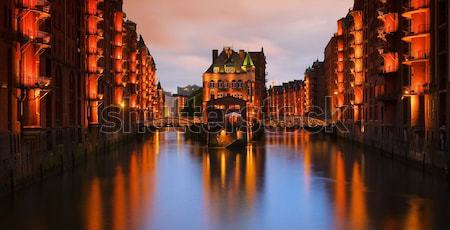 Гамбург город дворец ночь воды синий Сток-фото © LianeM