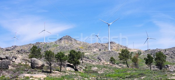 風力發電機組 景觀 山 綠色 藍色 岩 商業照片 © LianeM