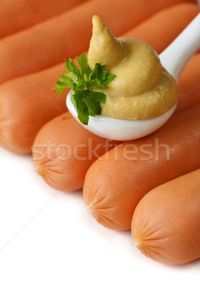 Mustár kolbászok ízletes fűszeres kerámia kanál Stock fotó © lidante