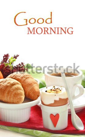 Kontinentális reggeli croissantok kávé tojás gyümölcs reggeli Stock fotó © lidante