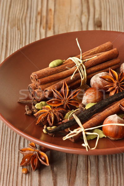 Fűszer aromás mogyoró öreg barna tábla Stock fotó © lidante