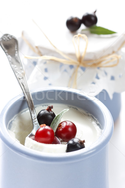 Foto stock: Yogurt · primer · plano · casero · pequeño · azul · cerámica