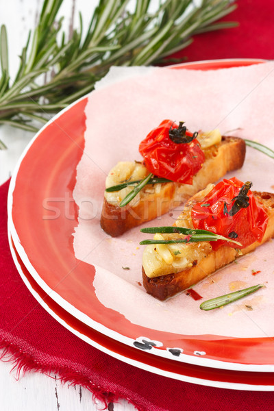Bruschetta sarımsak kiraz domates akşam yemeği plaka sandviç Stok fotoğraf © lidante