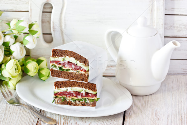 Stockfoto: Salami · rogge · kraal · sandwiches · vers · groenten