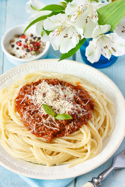 [[stock_photo]]: Spaghettis · sauce · bolognaise · fromages · rustique · plaque · vieux