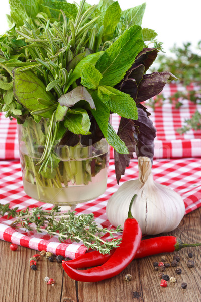 Erbe cucina giardino vetro aglio chili Foto d'archivio © lidante