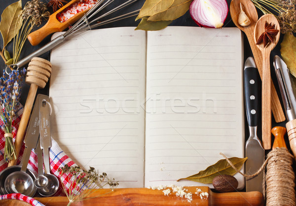 Foto stock: Receta · libro · abierto · alimentos · ingredientes · cocina