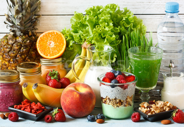 [[stock_photo]]: Aliments · sains · fruits · frais · baies · granola · yogourt · vert