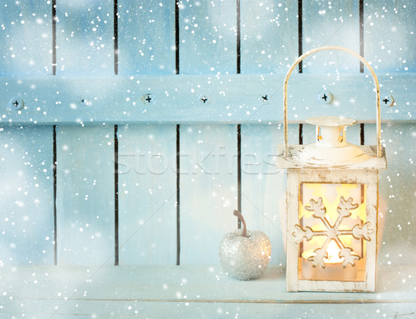 Karácsonyi üdvözlet égő karácsony lámpás hó dekoráció Stock fotó © lidante
