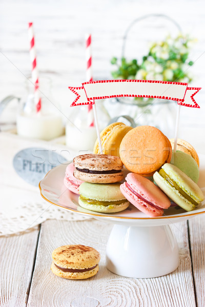 Macarons Kuchen stehen dekorativ Namensschild Essen Stock foto © lidante