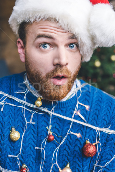 Człowiek w górę christmas girlanda portret Zdjęcia stock © LightFieldStudios