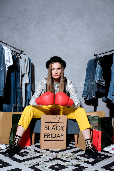 Lány boxkesztyűk black friday divatos bevásárlótáskák ruházat Stock fotó © LightFieldStudios