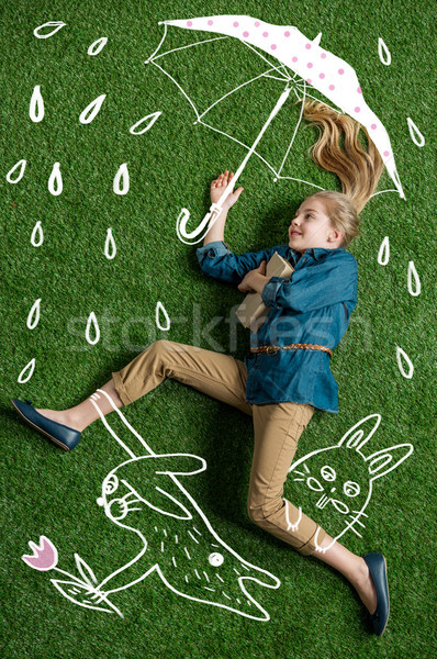 Lány vicces kézzel rajzolt nyulak aranyos esernyő Stock fotó © LightFieldStudios