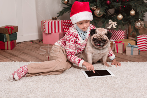 boy with pug using tablet on christmas Stock photo © LightFieldStudios