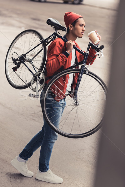 Stockfoto: Man · fiets · drinken · koffie · nadenkend