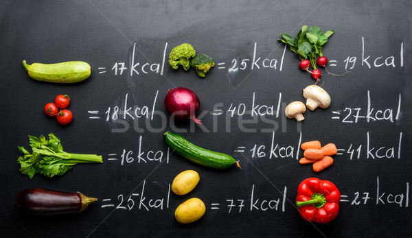 Friss zöldségek kalóriák asztal izolált fekete egészséges életmód Stock fotó © LightFieldStudios