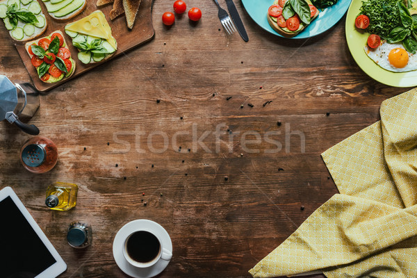 Stock foto: Frühstück · top · Ansicht · Tasse · Kaffee · Tablet