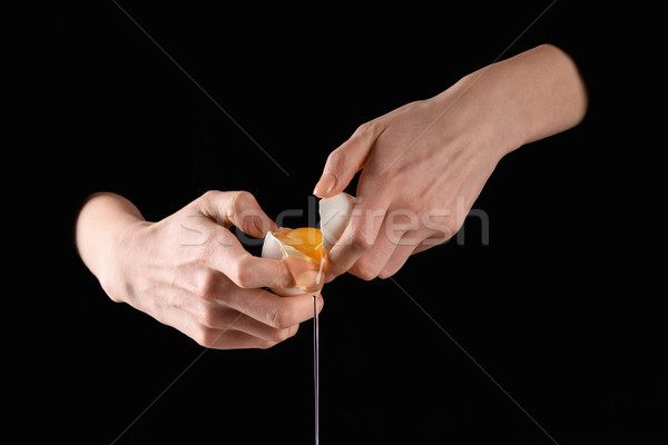 cropped image of woman holding broken dripping chicken egg in hands isolated on black Stock photo © LightFieldStudios
