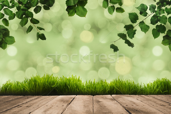 Stock fotó: Zöld · levelek · fából · készült · deszkák · zöld · homályos · fény