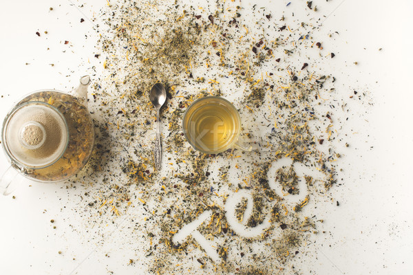 Gyógynövény tea csésze bogrács felső kilátás friss Stock fotó © LightFieldStudios