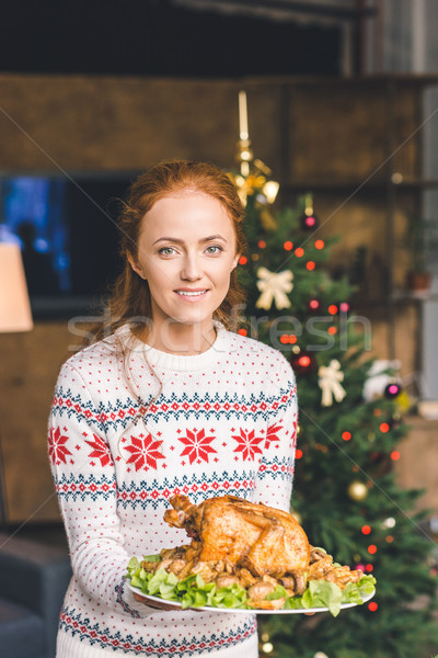 женщину жареная курица Рождества молодые красивая женщина обеда Сток-фото © LightFieldStudios