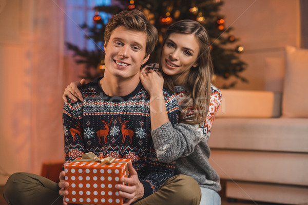 Nő ölel fiúbarát karácsony ajándék szelektív fókusz Stock fotó © LightFieldStudios