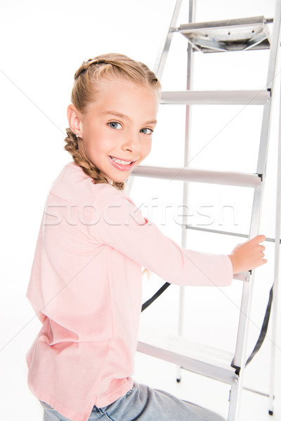 Zdjęcia stock: Dziecko · metal · drabiny · uśmiechnięty · wspinaczki · w · górę