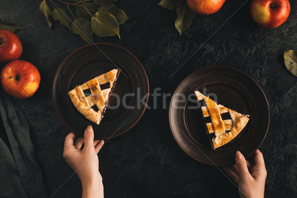 Darabok almás pite női kezek tart tányérok Stock fotó © LightFieldStudios