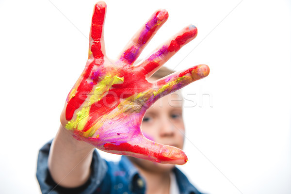 Foto stock: Excitado · colegial · artista · pintado · cara · escuela