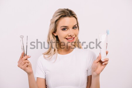 Mujer vidrio agua píldora mujer atractiva Foto stock © LightFieldStudios