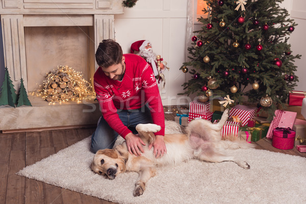 man playing with dog at christmastime Stock photo © LightFieldStudios