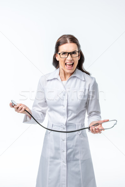 Stockfoto: Vrouwelijke · arts · stethoscoop · witte · achtergrond
