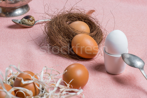Chicken eggs and old cutlery Stock photo © LightFieldStudios