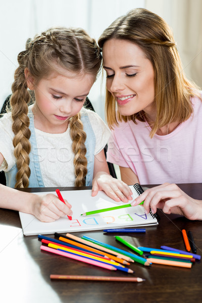 Happy mother and daughter drawing and learning alphabetat home Stock photo © LightFieldStudios