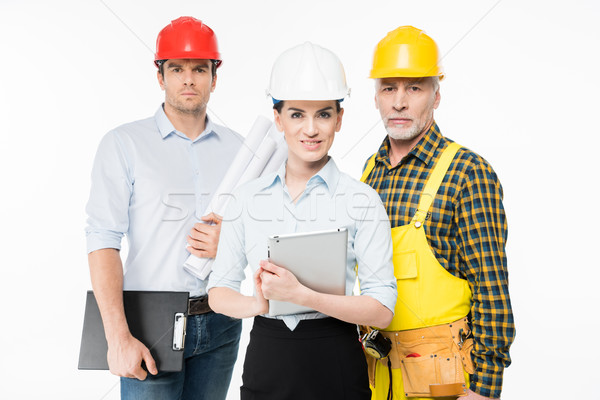 [[stock_photo]]: Deux · maturité · regarder · caméra · blanche · travaux