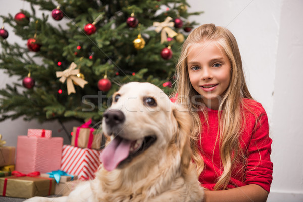 child with dog at christmastime Stock photo © LightFieldStudios