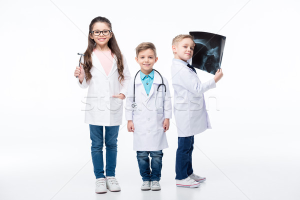 Stockfoto: Kinderen · spelen · artsen · drie · glimlachend · kinderen · stethoscoop