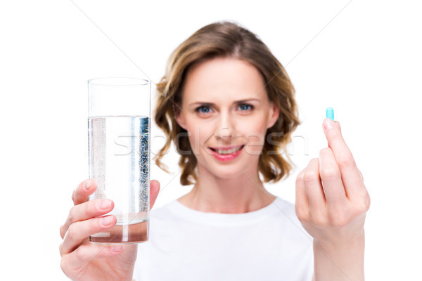 Stockfoto: Glas · water · pil · aantrekkelijke · vrouw · geïsoleerd · witte