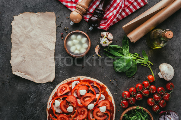 Stock fotó: Felső · kilátás · pizza · hozzávalók · üres · papír · beton