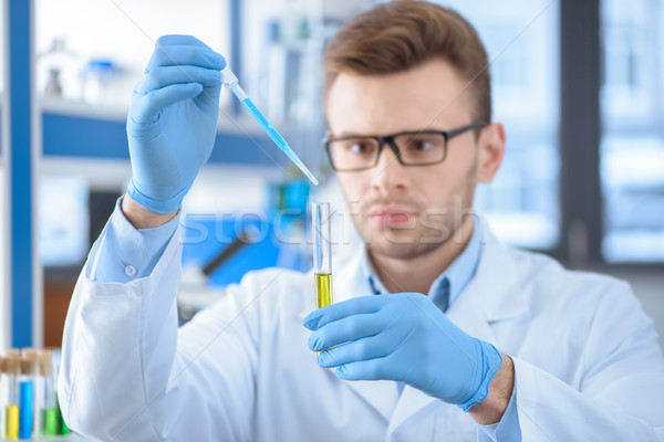 Stockfoto: Geconcentreerde · scheikundige · handschoenen · experiment · lab