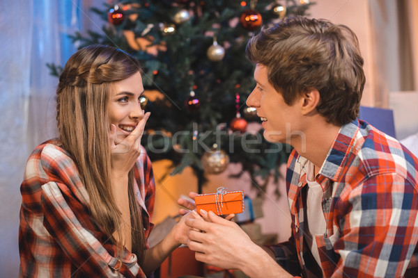 Foto stock: Homem · dom · namorada · natal · vista · lateral