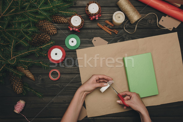 Nő karácsony ajándék felső kilátás papír Stock fotó © LightFieldStudios