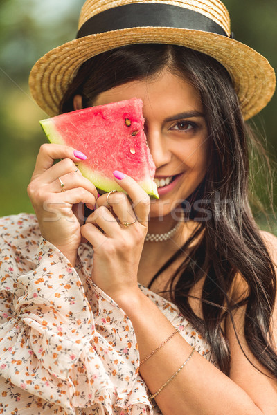 Meisje plakje watermeloen mooie brunette Stockfoto © LightFieldStudios