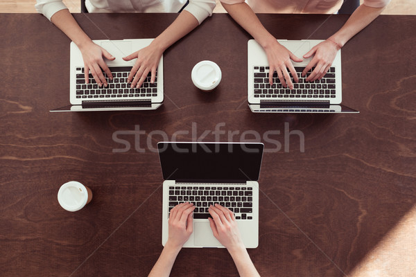 overhead view of businesswomen typing on laptops at table Stock photo © LightFieldStudios