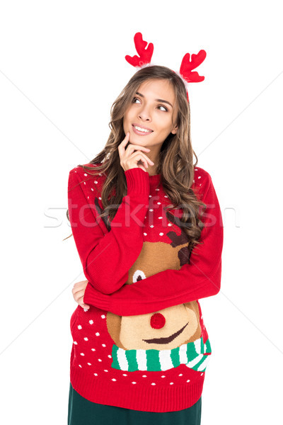 Foto stock: Mulher · inverno · suéter · retrato · sonhador