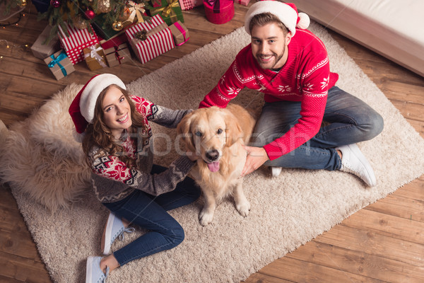 couple in santa hats with dog Stock photo © LightFieldStudios