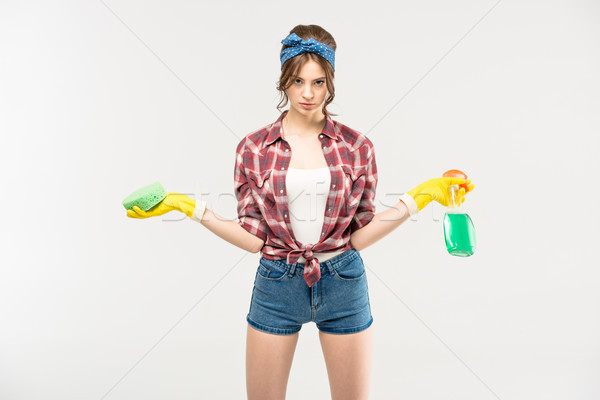 Foto stock: Mulher · esponja · spray · garrafa · belo · jovem